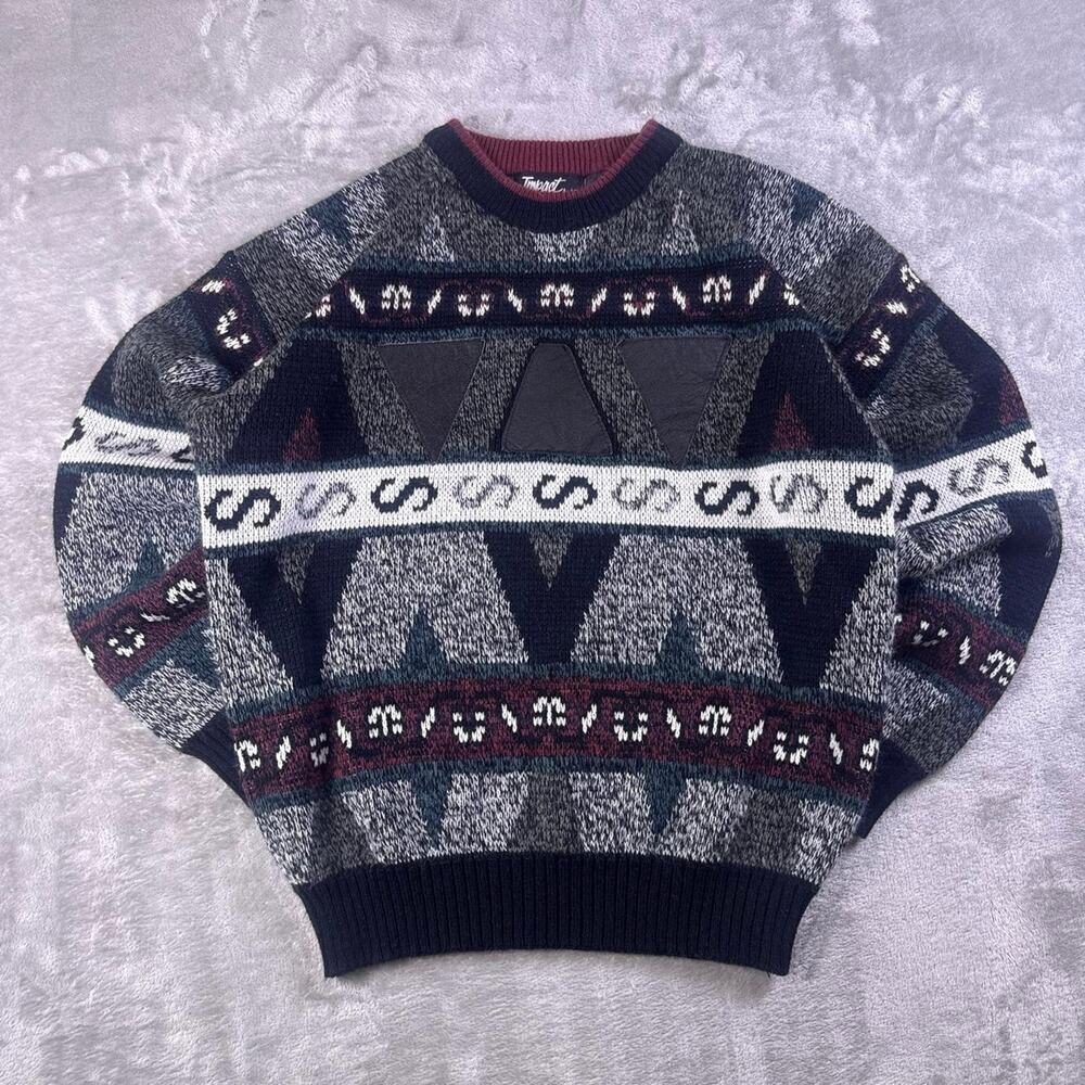 Vintage 90s Impact Sweater Men’s L Gray Burgundy Geometric Leather Patch Baggy